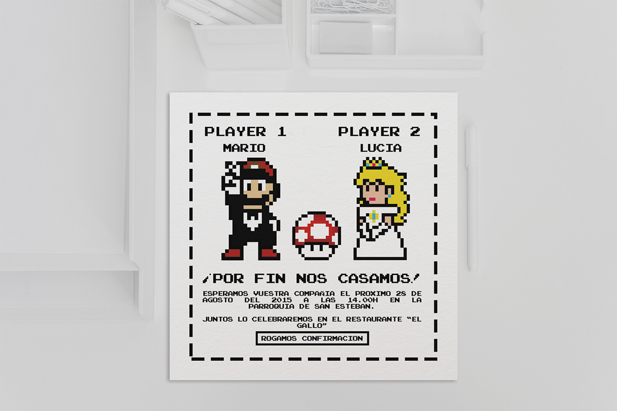 wedding Boda invitación Gamer Mario Bros Nintendo Princess princesa Iglesia dibujo diseño gráfico Original creative pixel Pixel art