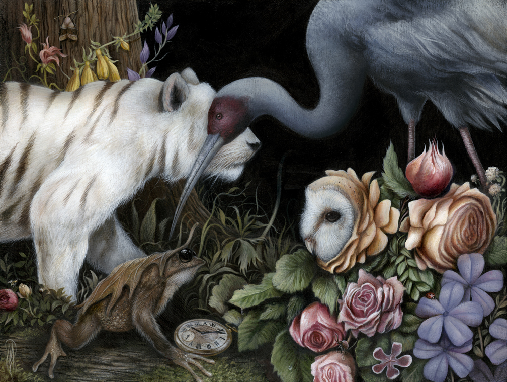 art paint creatures surreal fantasy strange mysterious dark owl girl forest birds hair