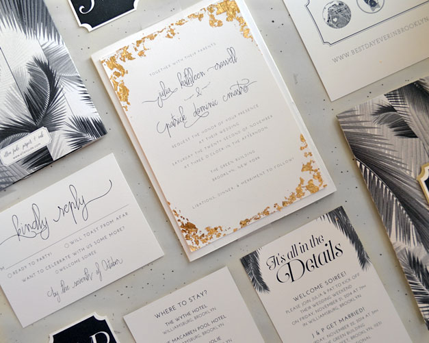 Stationery Custom Illustration koozie day-of details wedding menu canvas bag gold-leaf Table Numbers Event Design