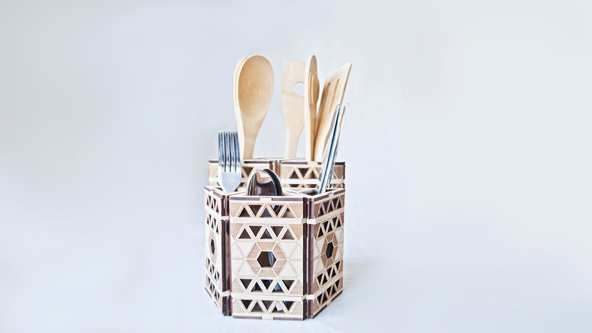 wood geometry triangle rubberband product knives forks spoons use u.s.e. kitchen room storage organizer