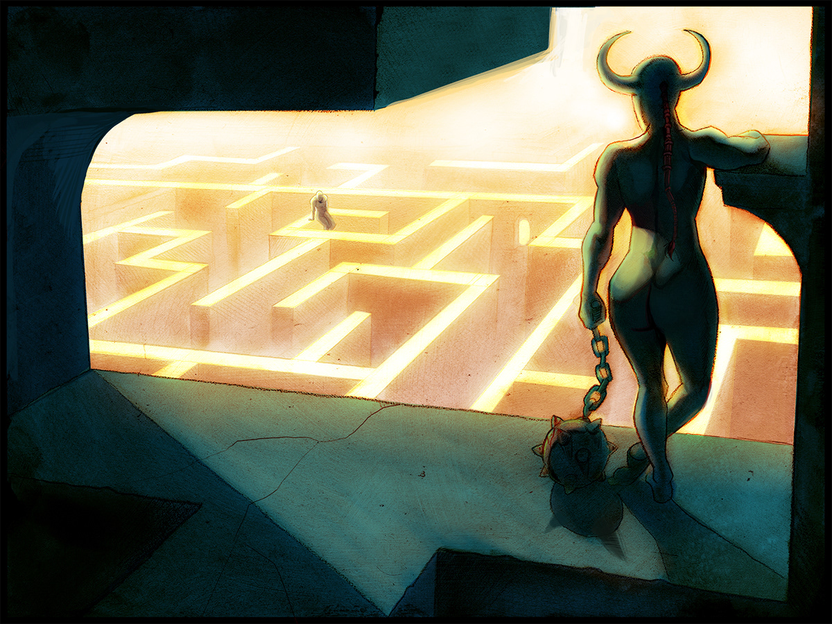 minotaur fantasy female male figure maze labyrinth