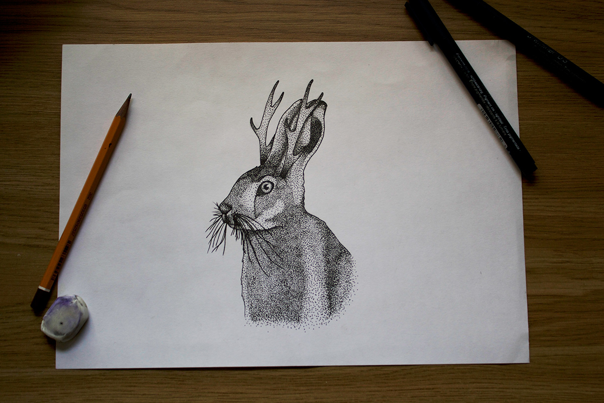 dotwork stippling jackalope rabbit deer animal mythical creature legendary creature art tattoo strange