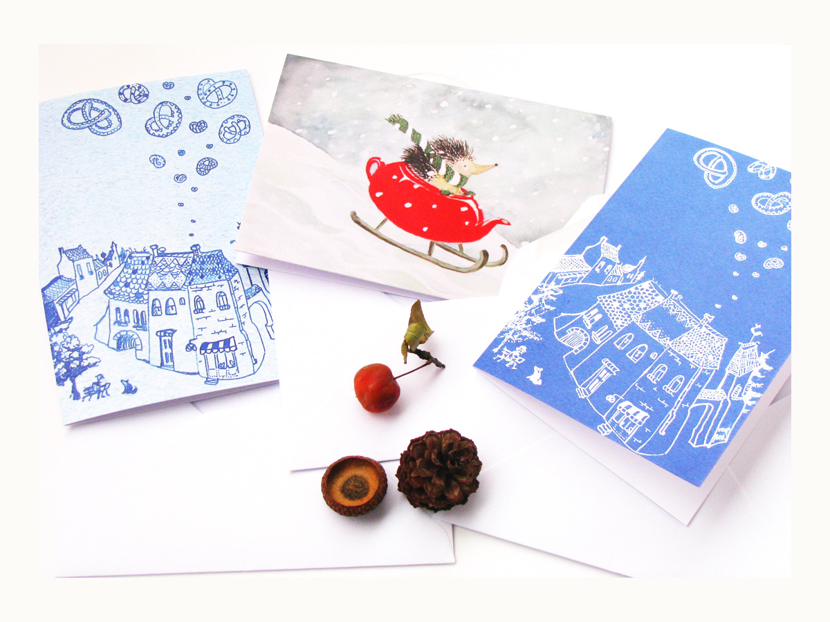 Christmas funny animal Garlic greeting cards kettle hedgehog pretzel snow roofs winter holidays