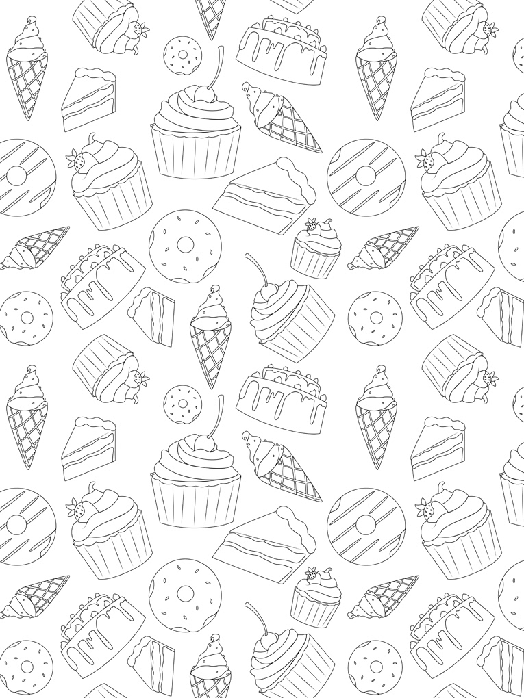 Sweets ice cream cone cake cupcake doughnut coloring page lines dessert Food  strawberry