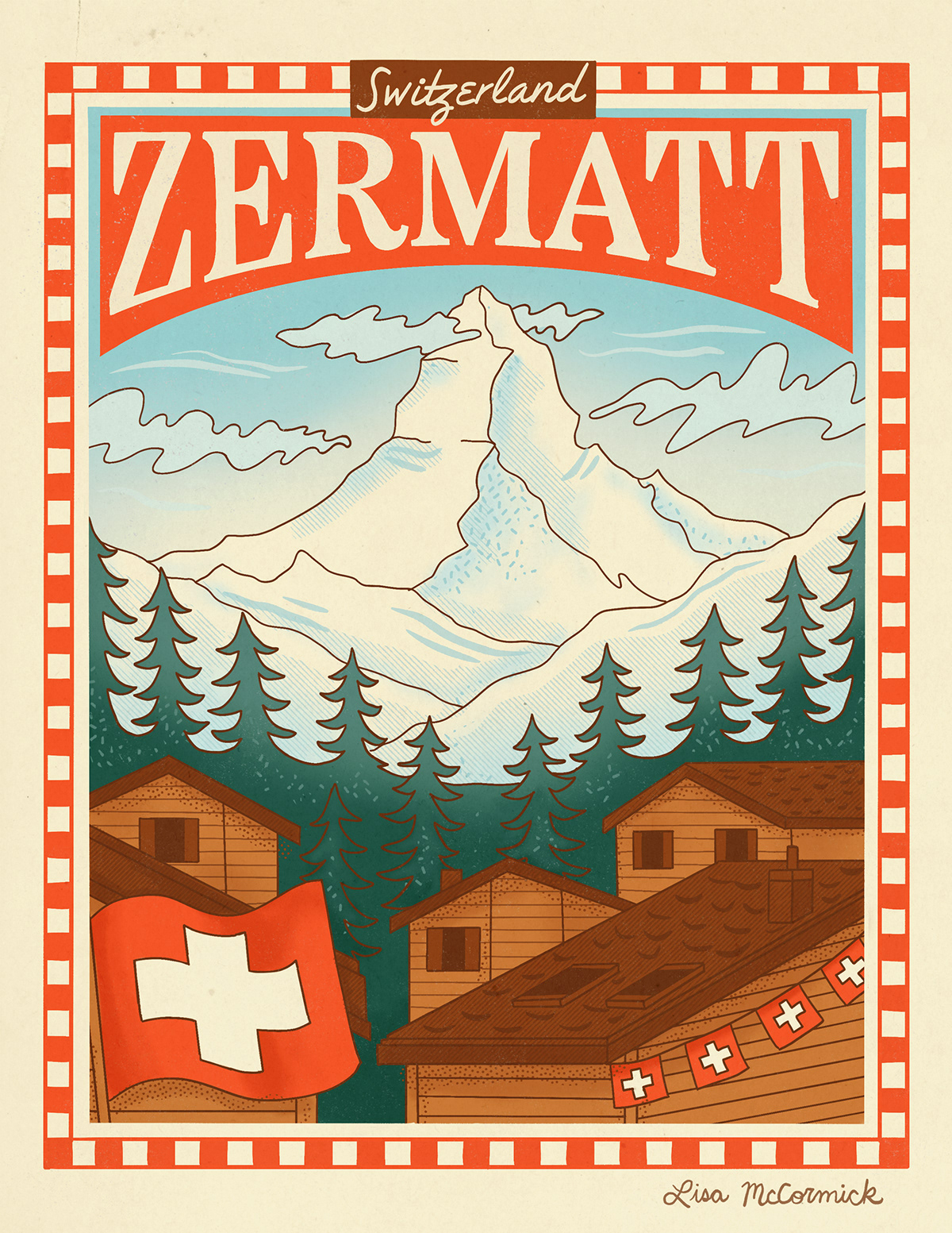 zermatt Switzerland mountains Travel ILLUSTRATION  book cover editorial poster Ski Matterhorn