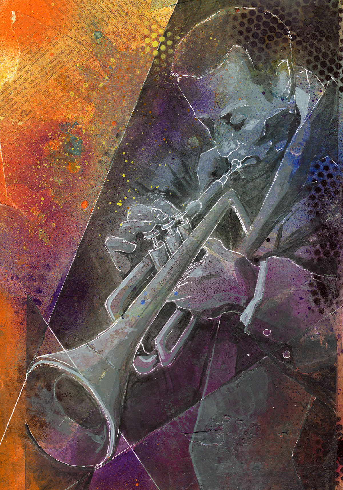 jazz mixed media spray paint acrylic "Music" collage texture trumpet