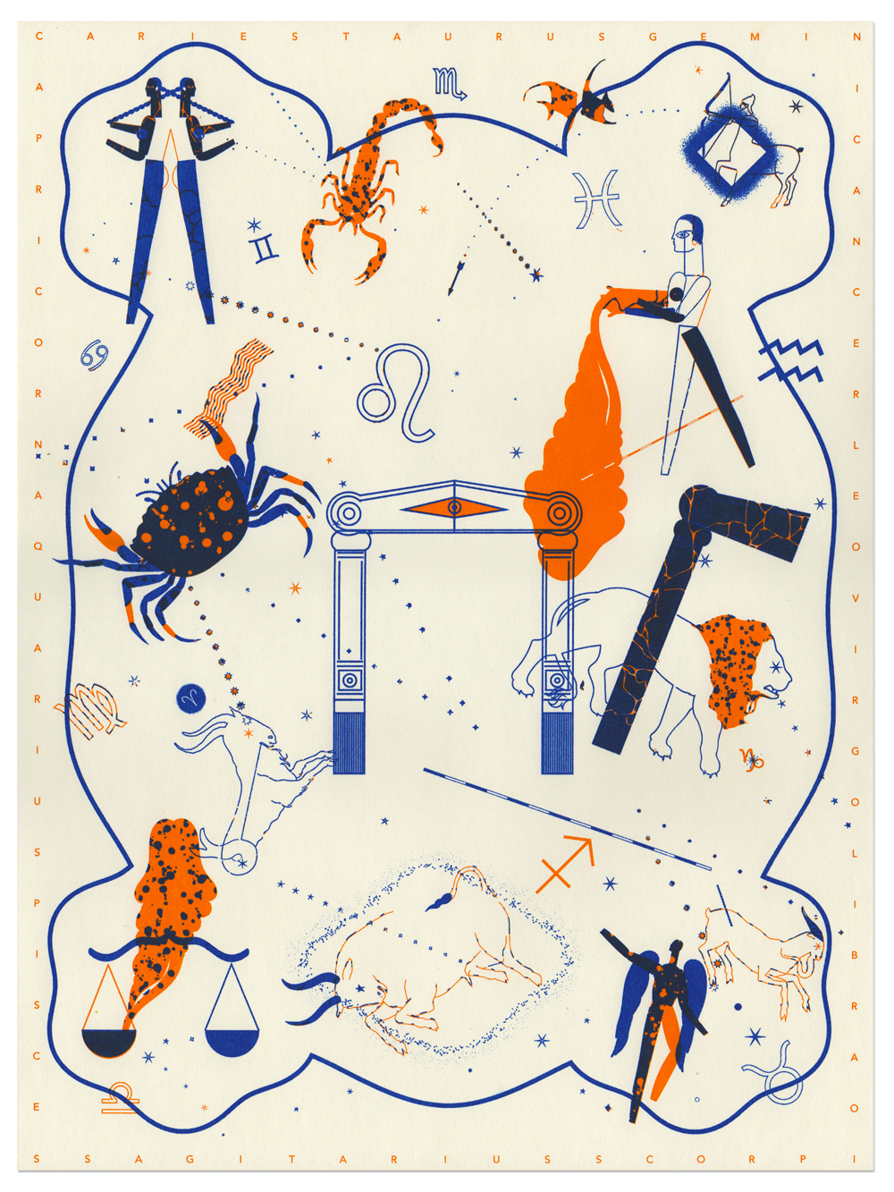 Astrology Riso blue orange silkscreen scorpio Gemini taurus cancer Virgo aquarius capricorn sagitarius Leo print