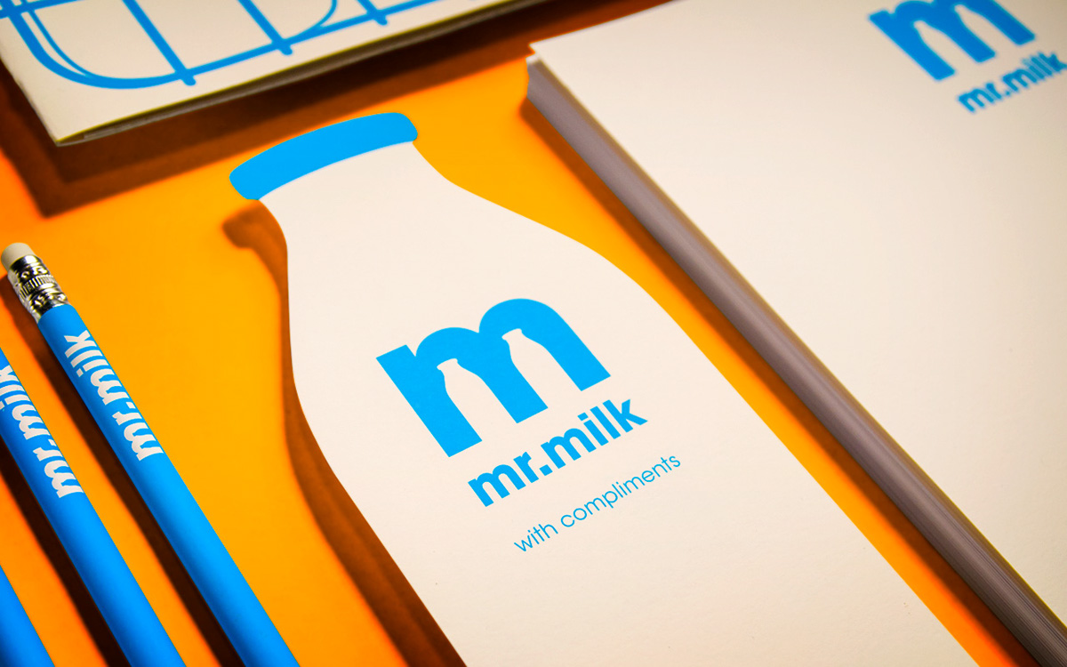 mr. milk milk bottle identity logo Stationery letterhead Business Cards folder envelopes bottle Liquid mister milk pencils compliments slip juroto
