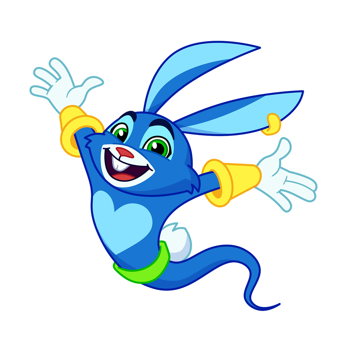 The genie rabbit character smiles happy and waves his arms