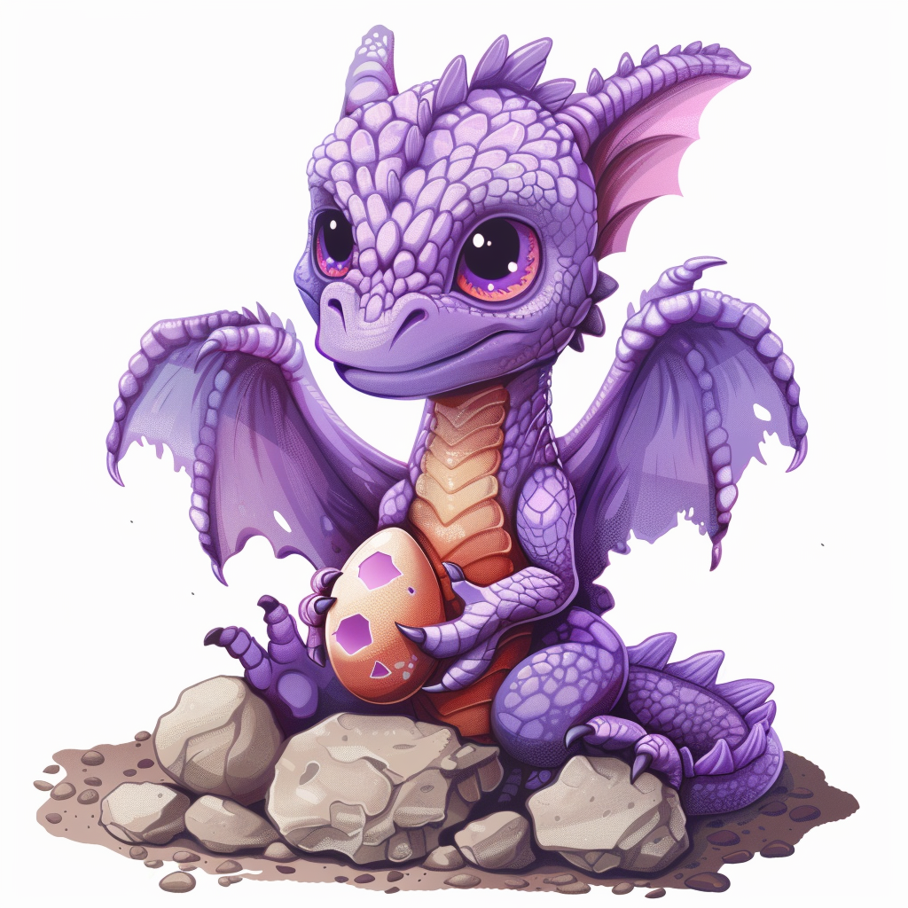 Purple Dragon With Egg And sitting On Rocks Vector