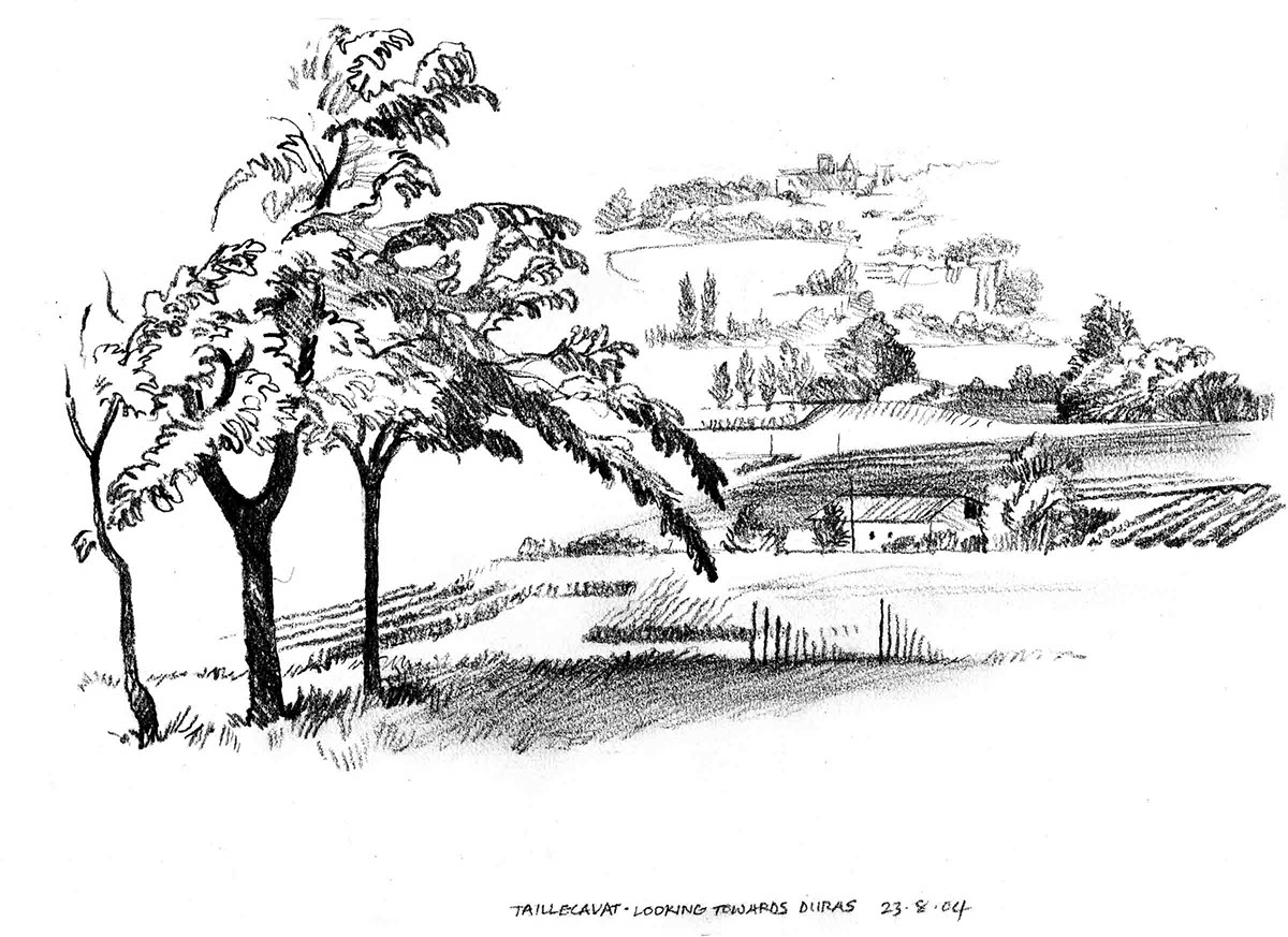 Pencil sketch of French rural landscape looking towards Duras