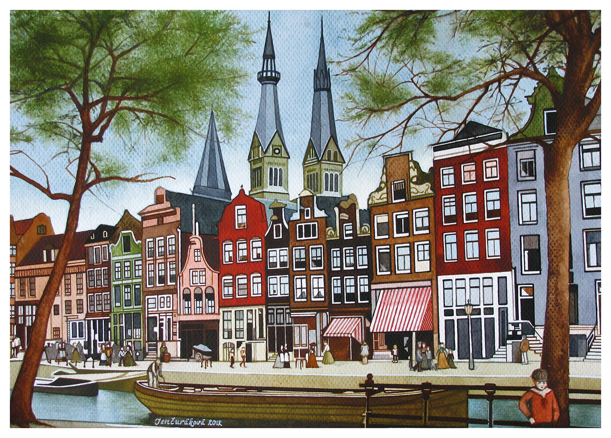 aquarelle  painting  city  town  river  Buildings  city scape