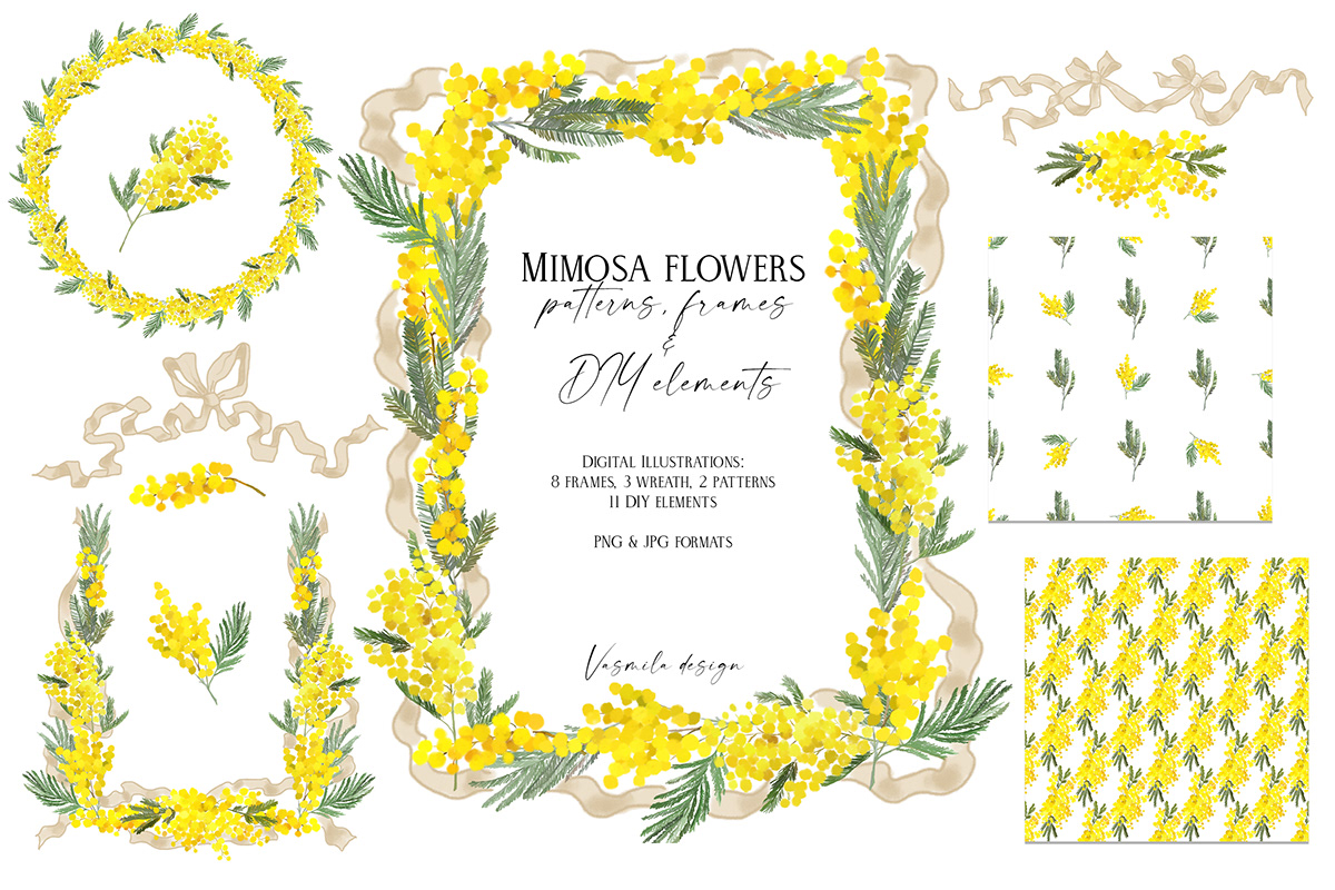 digital illustration Drawing  floral Flowers frame mimosa painting   pattern seamless wreath