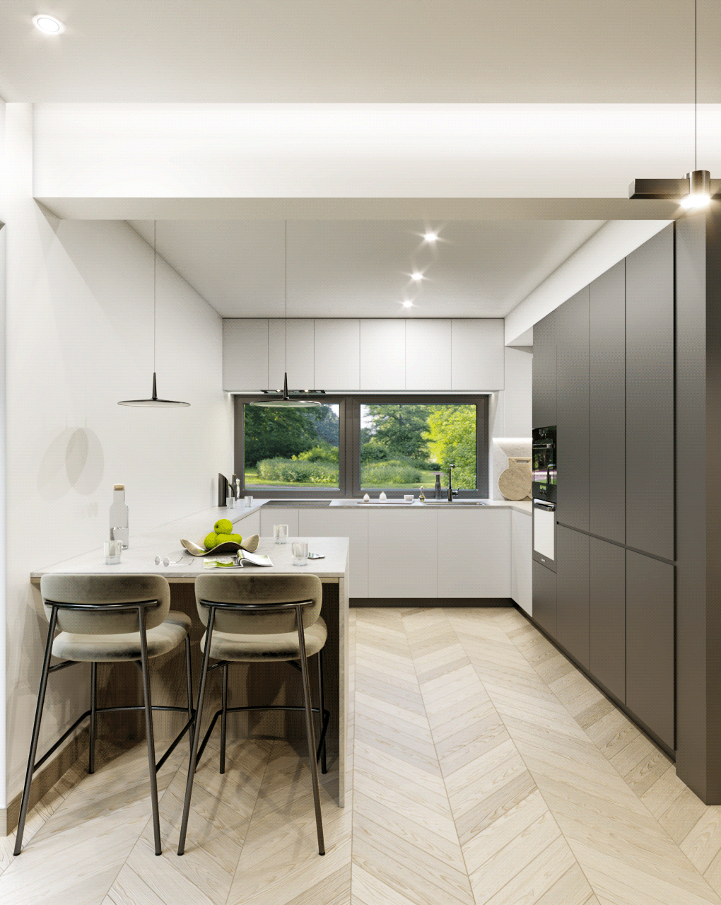 CGI 3D Render house architecture interior design  Interjeras namas svetainė virtuve