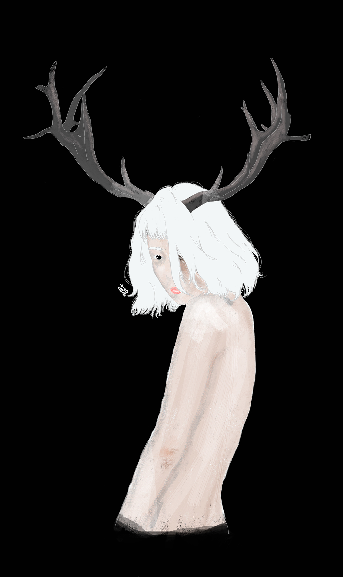 girl deer animal digital black White Mono