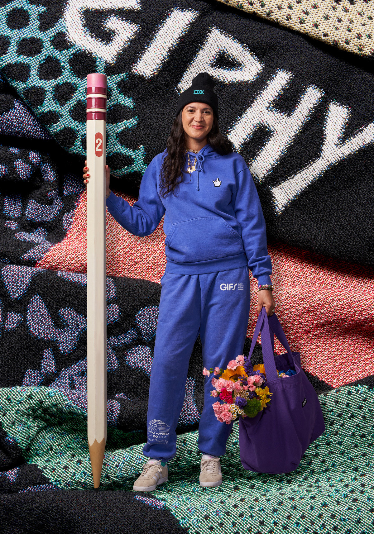 Custom purple sweatsuit and Purple tote bag for GIPHY