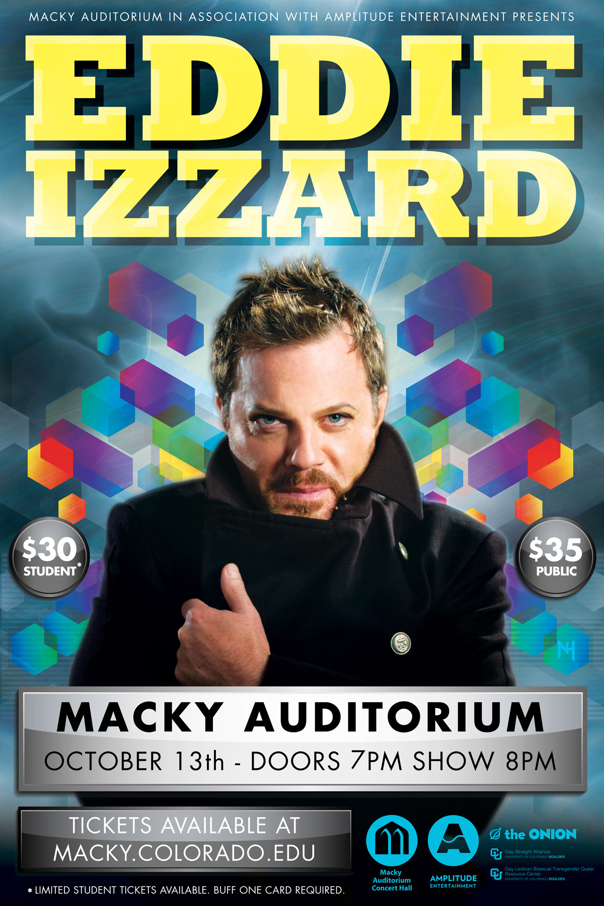 nick hess eddie izzard Live Comedy amplitude entertainment macky auditorium cu boulder University of Colorado poster print light effects vector Poster and visual graphics for the Eddie Izzard live comedy performance at
