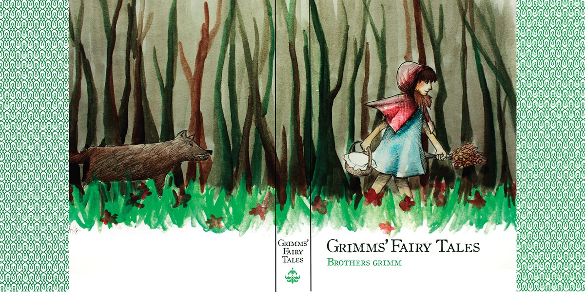 Grimm's Fairy Tales brother's grimm book redesign mock predesigning classic book storybook illustration watercolor crosshatching fairy tales children's book grimm