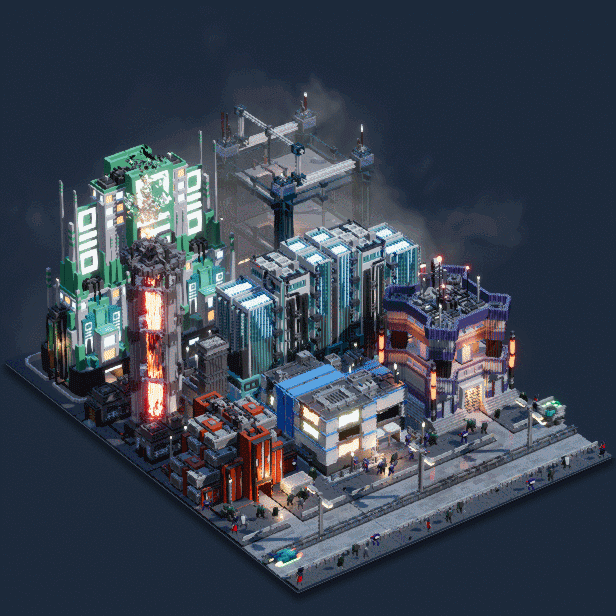 3D voxel voxelart animation  Isometric Cyberpunk city pixelart concept Diorama