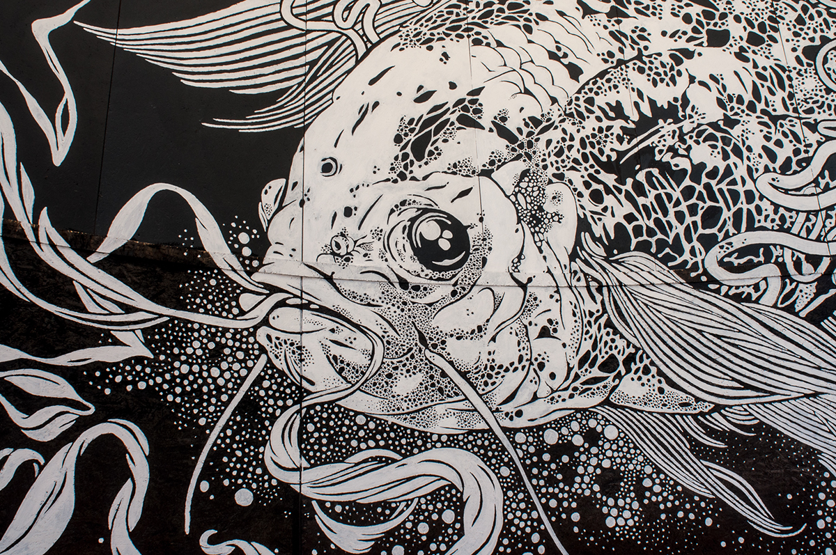 fish wall paint black and white huge Mural dot