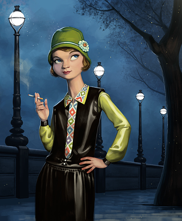 1920s woman girl vintage era Retro London Park tames cigarette smoking pin-up cartoon clothes night