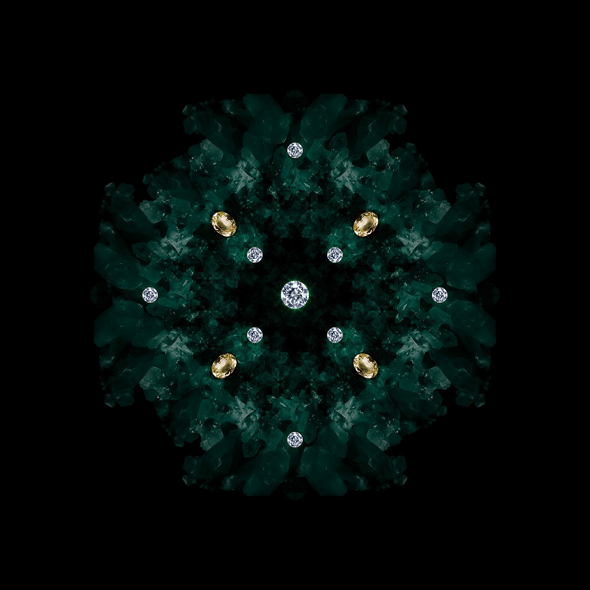 kaleidoscope diamond  emerald gemstone jewelry Mandala design photo-manipulation
