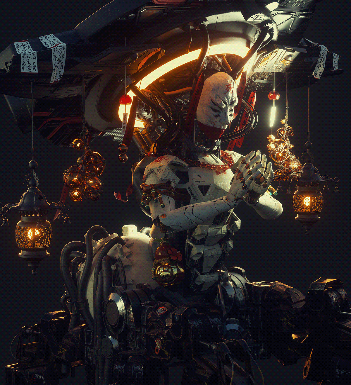 Cyberpunk demon giesha God kami macabre mecha robots