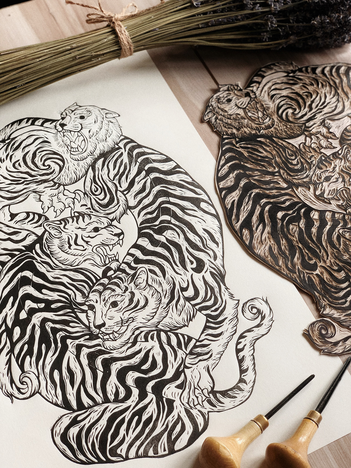 lino linocut tiger tigers гравюра тату эскиз
