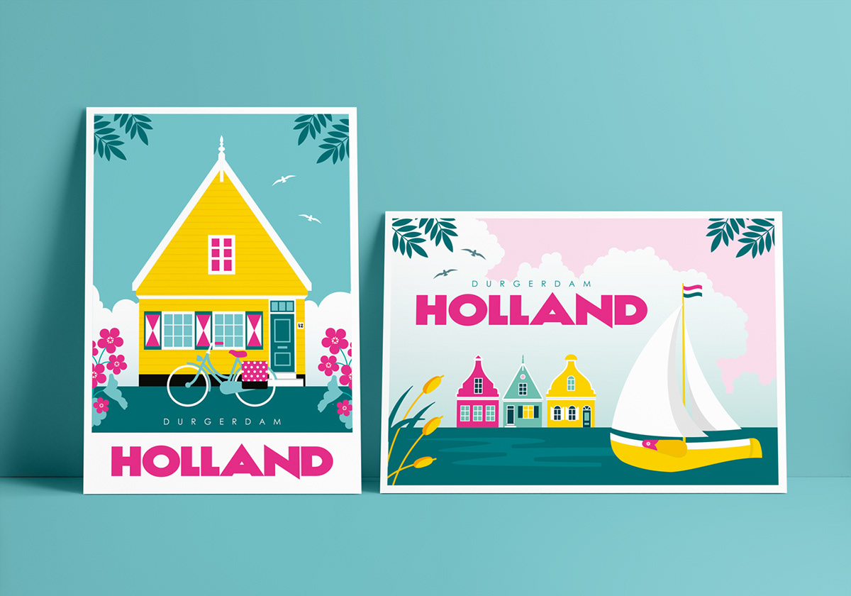postcard postcard design travel postcards Illustrated Postcards ILLUSTRATION  Vector Illustration amsterdam amsterdam postcards