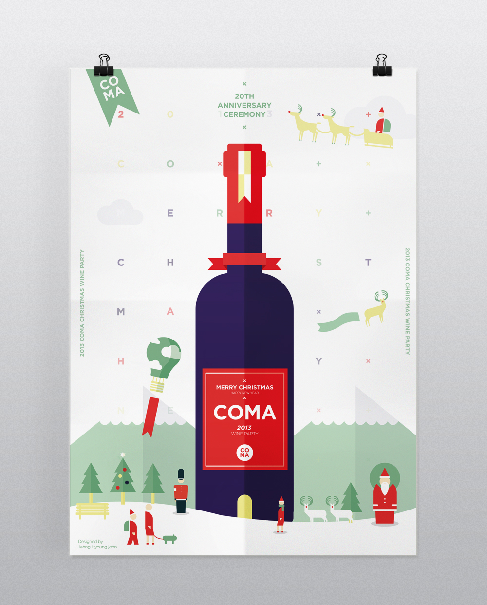 Christmas merry happy new year party poster santa wine pictogram Character gift illust graphic Coma
