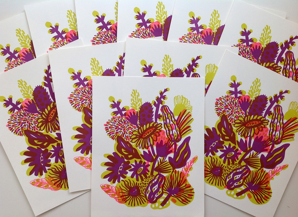 printmaking Flowers natalya balnova pink purple green Nature limited editons cards silkscreen