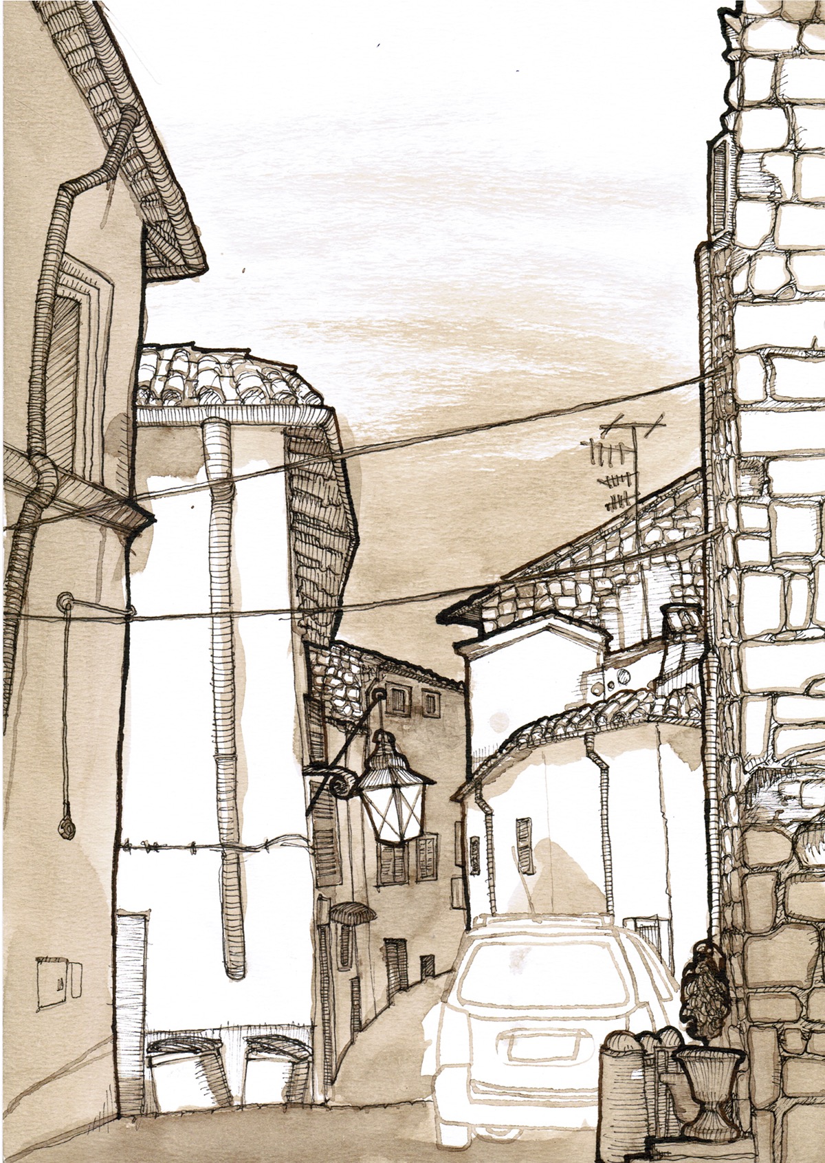 viterbo journalistic illustration on location location Italy ink pen dipping pen achitectural risd final chaos streetlife Street
