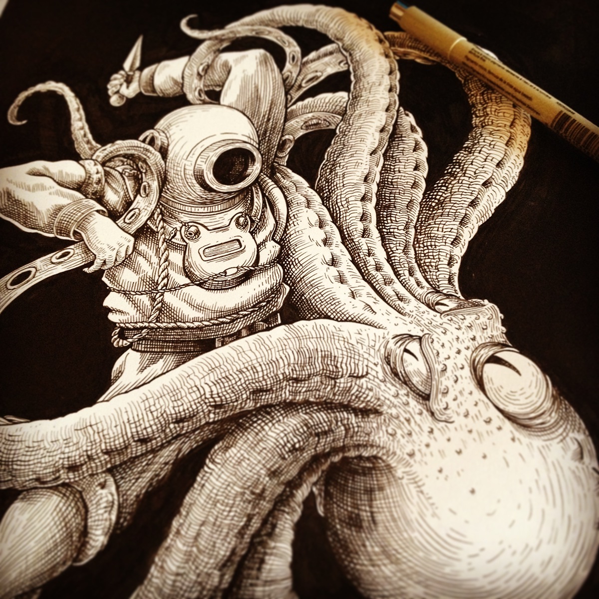 apparel Deep Sea Diver scubadiver kraken octopus etching black and white t-shirt micron