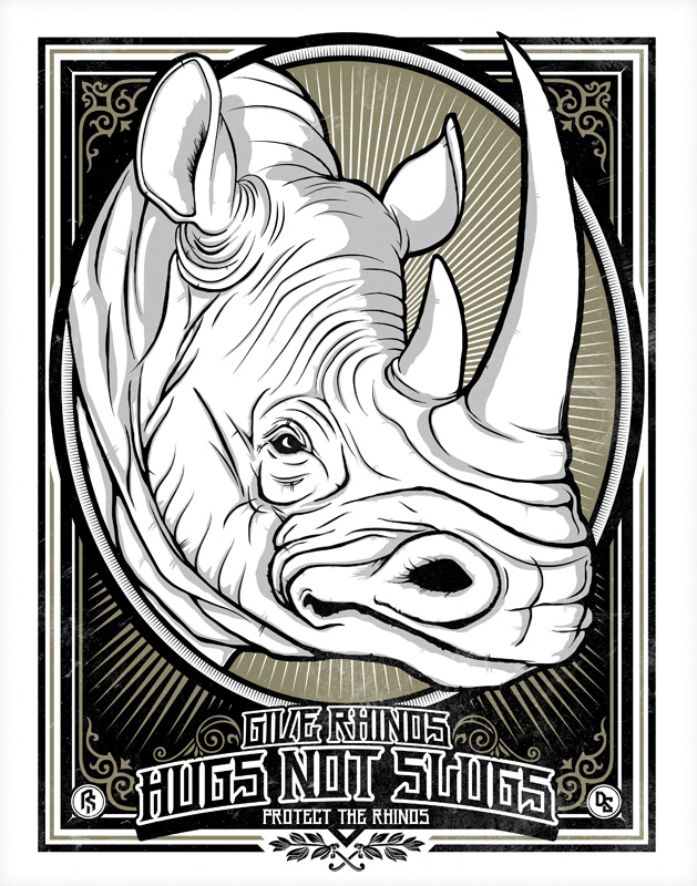 Rhino south africa conservation Animal Planet woodcut black and white vector