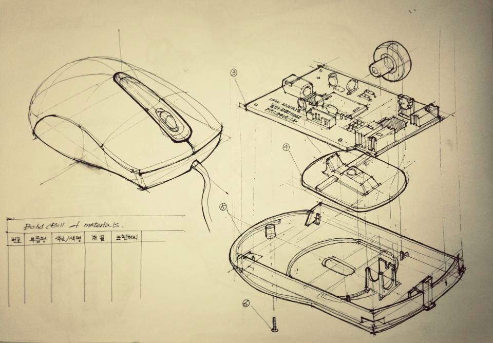Product Assembly study mouse assembly  product sketch