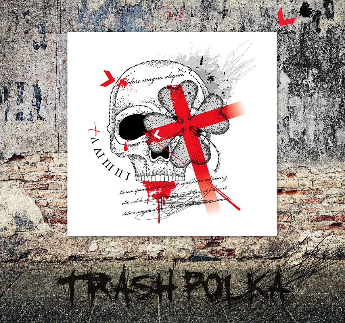 trash polka clover four lucky leaf red skull dotwork dots cross