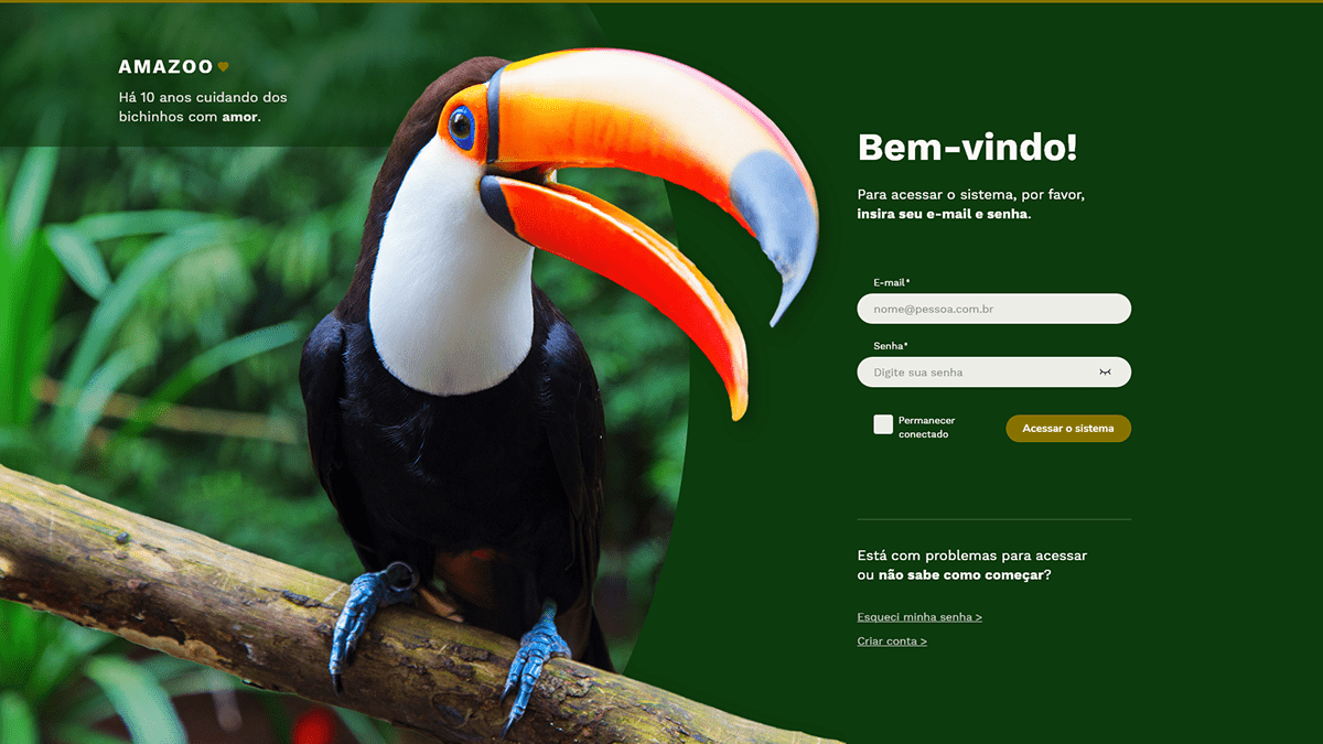 Login screen with a tucano bird. Entirely green with the image and rounded corners.