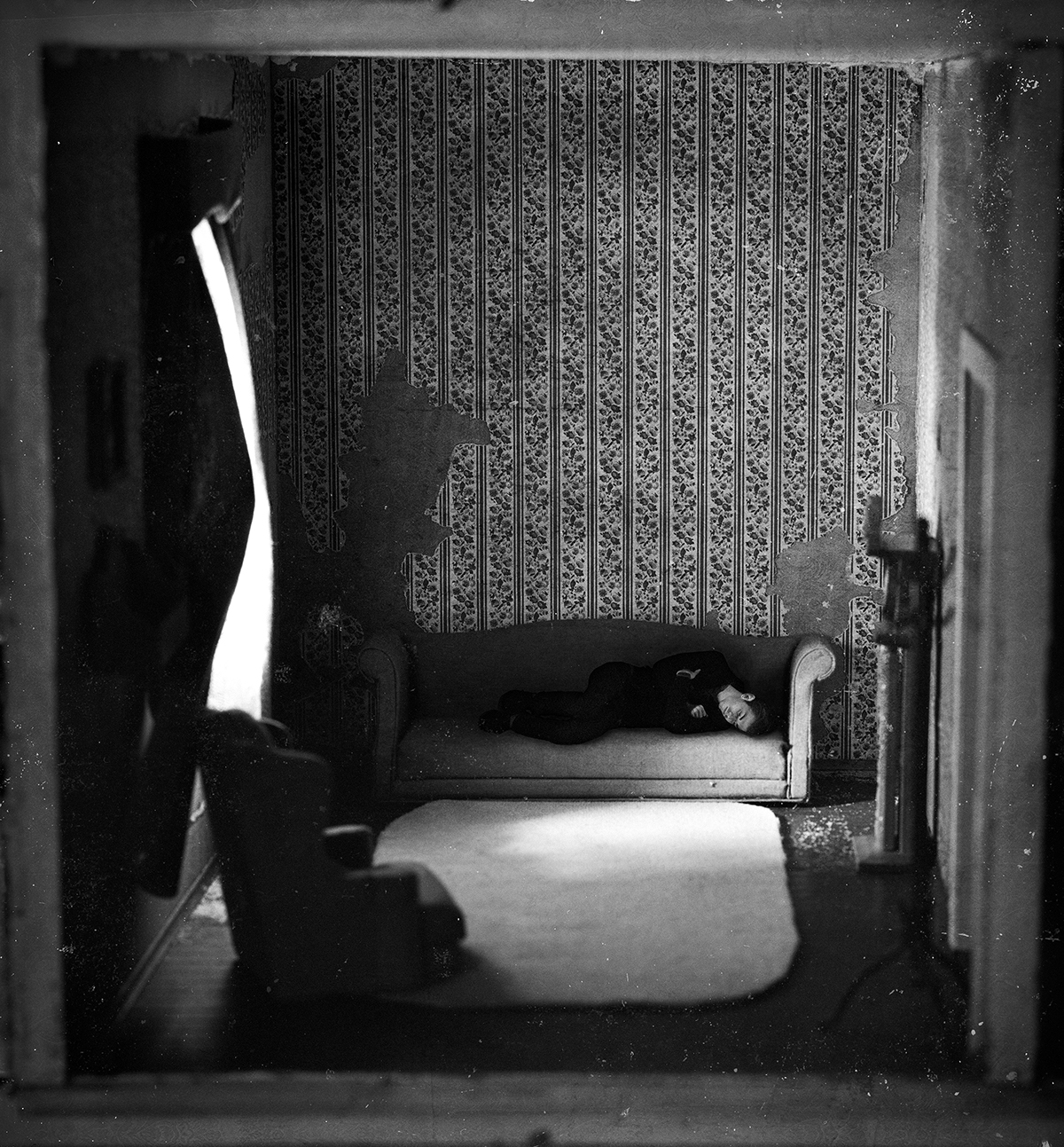 4x5  large format Composite black and white analog  self  portrait  vintage dollhouse doll  house texture dark