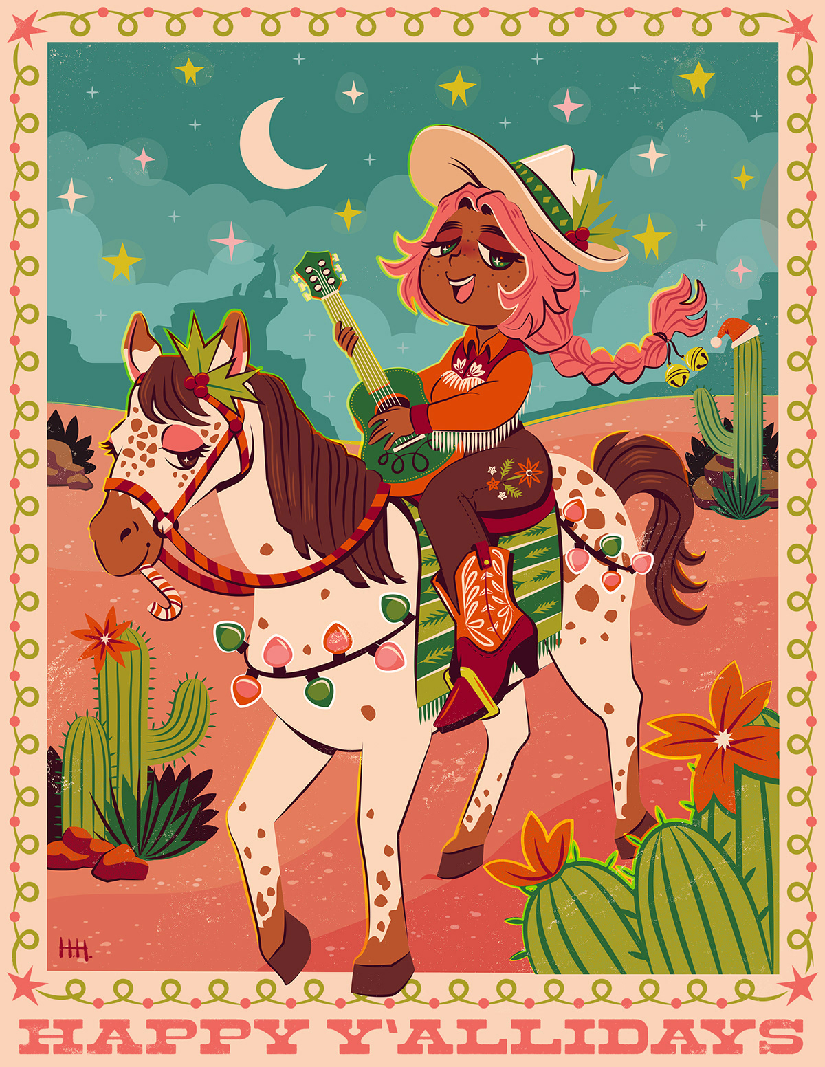 A festive cowgirl riding her decorated horse through a desert at night- "Happy Y'allidays" below