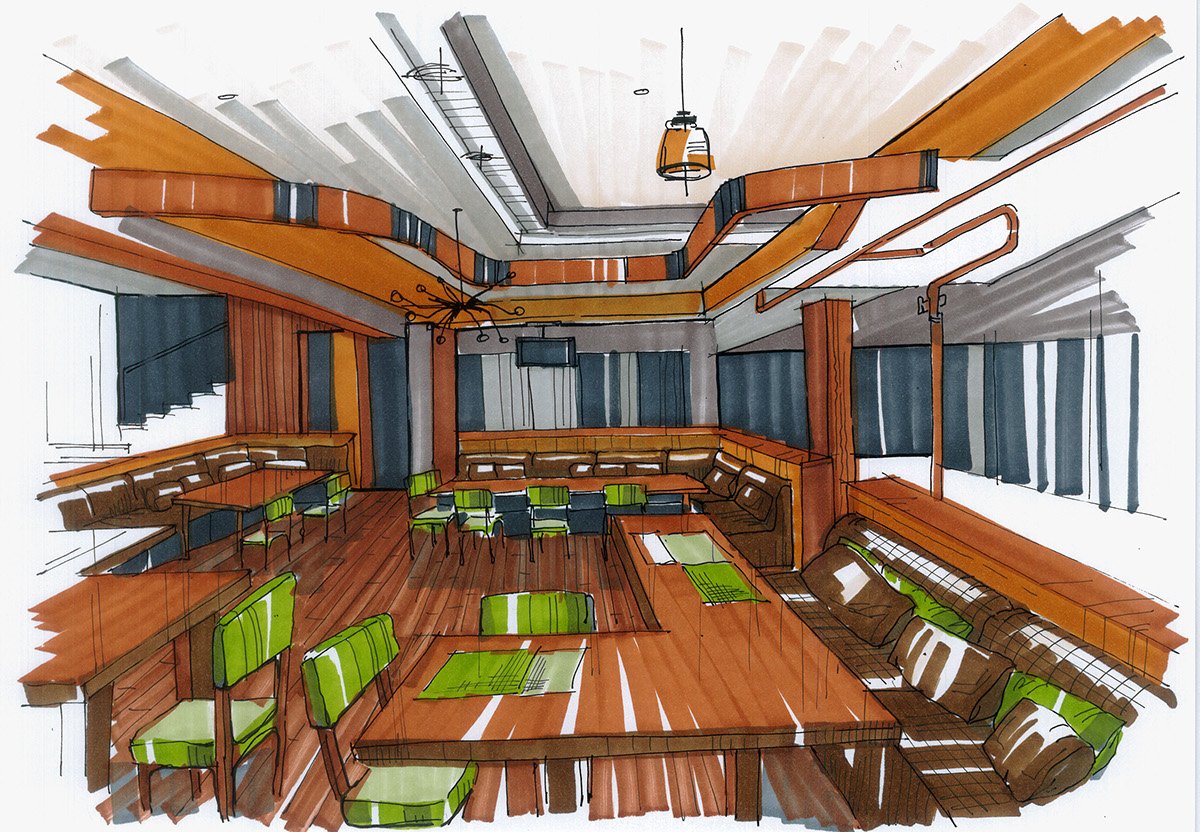restaurant bowling center astana kazakhstan Nurlan Kamitov Kamitov Project bowling cafe Interior design Project INK Architects sketch concept