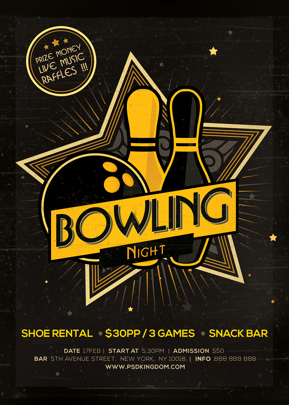 bowling flyer template ad magazine gold golden Tournament Event gambling sport wip