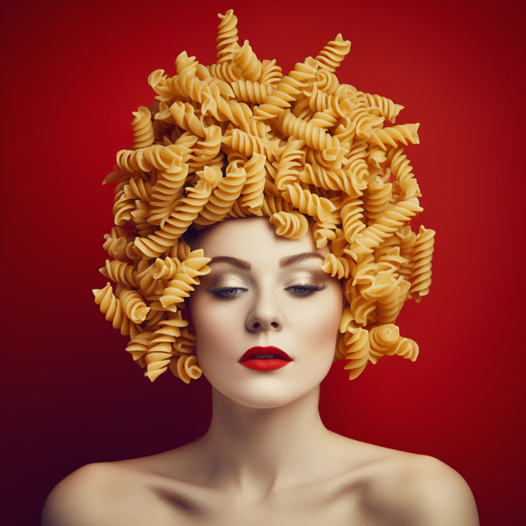 A beautiful woman with fusilli instead of hair