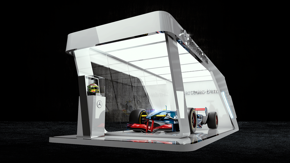 f1 mercedesbenz booth automotivedesign CADmodeling Rhino F1car PhotorealisticRendering photoshop