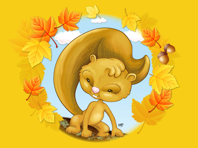 Cute, Funny Cartoon Art of a Squirrel in Autumn by Ellie.