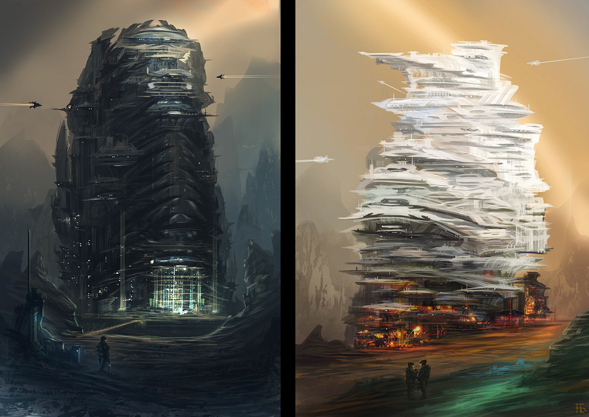 concept design digital painting vertical painting Landscape futuristic fantastic city wall environment tower