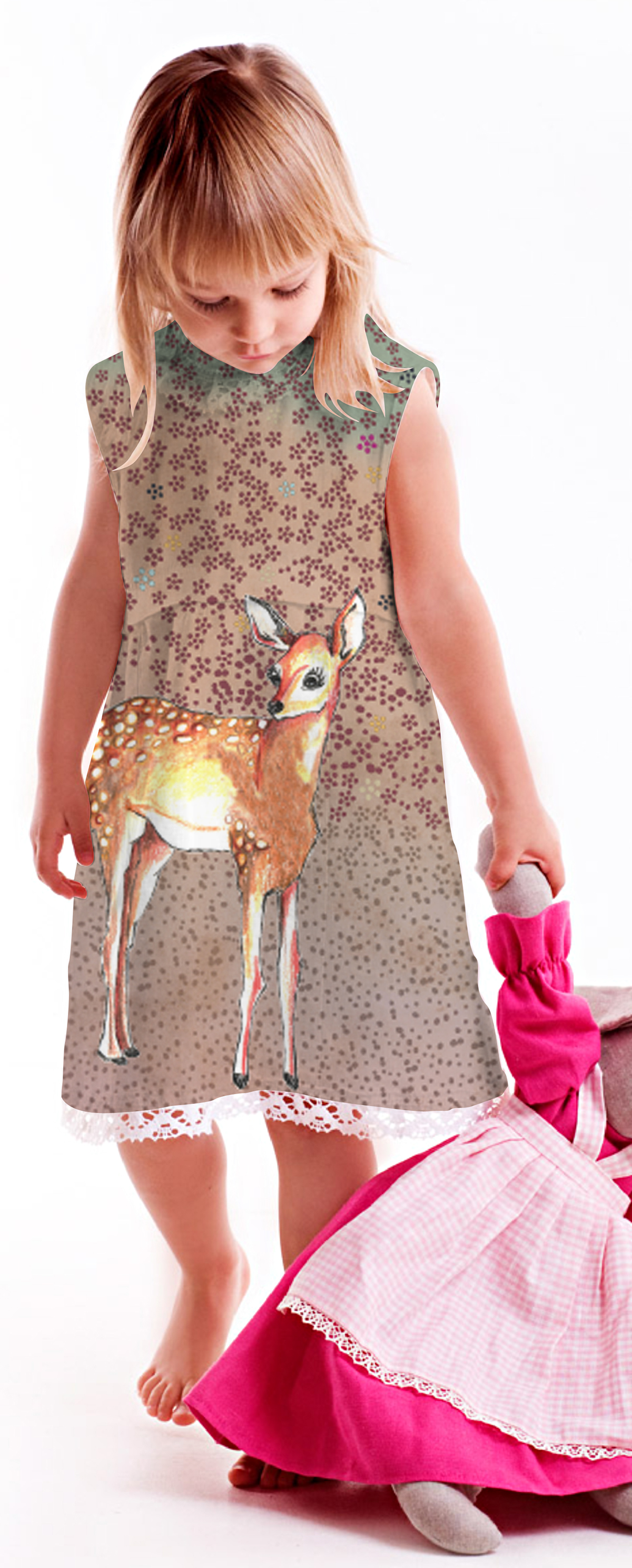 Bambi kids dress dear colored pencil afabula fabula print textile print pattern children fashion kids veado