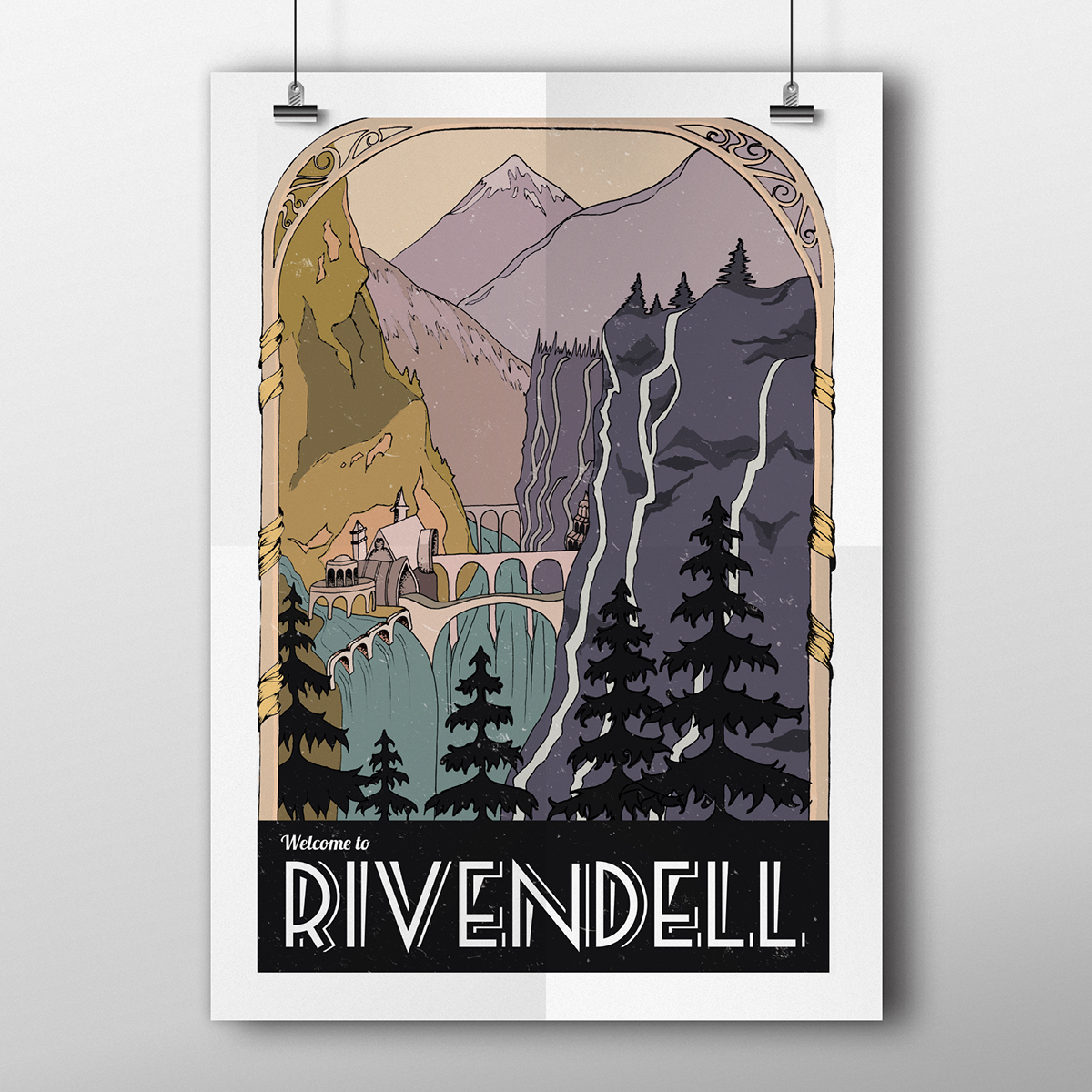 LOTR Lord of the rings lordoftherings Rivendell elf elvish poster travel poster Travel Retro Travel Poster photoshop illustration