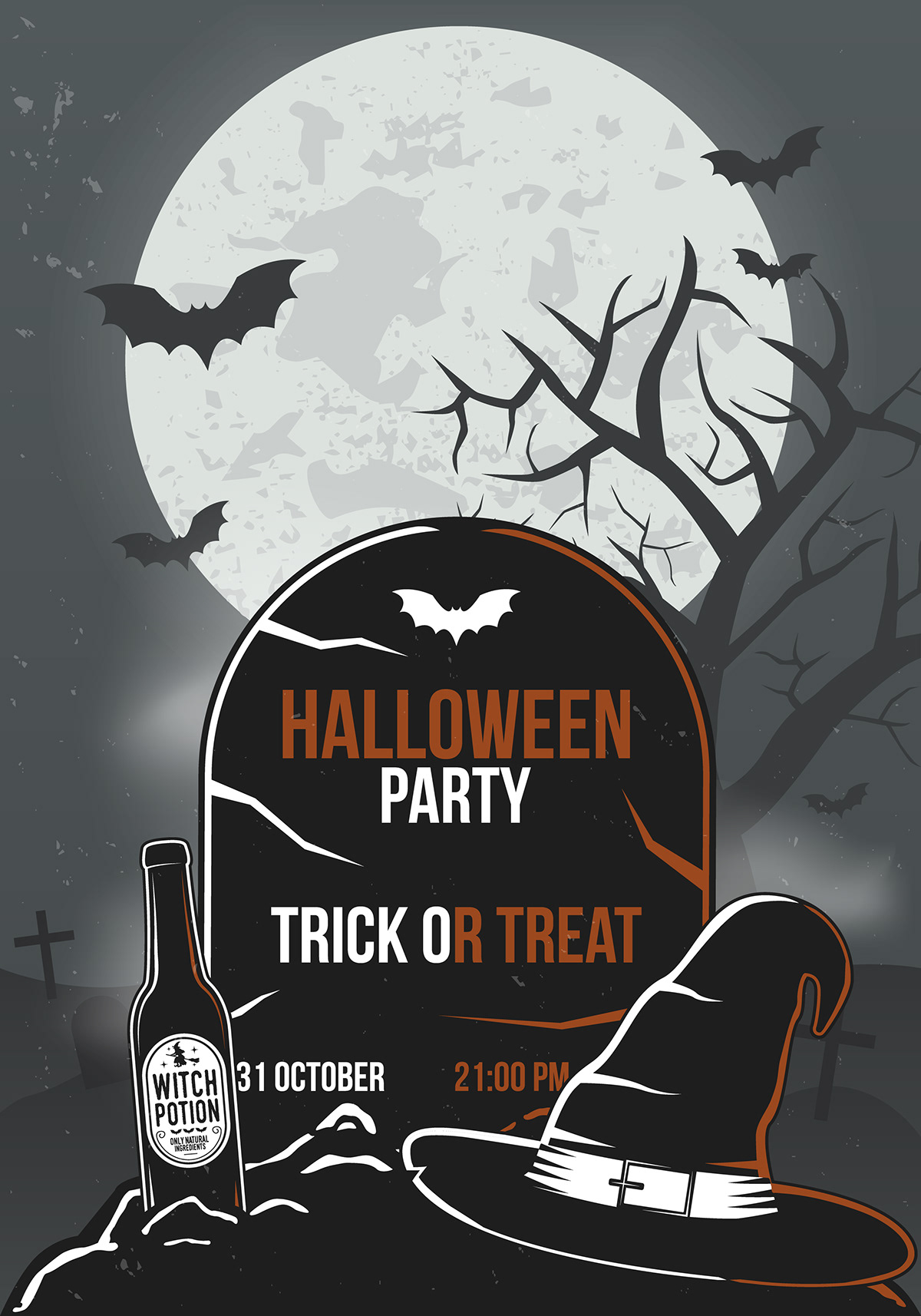 Halloween party zombie poster artwork witch bottle bear bat