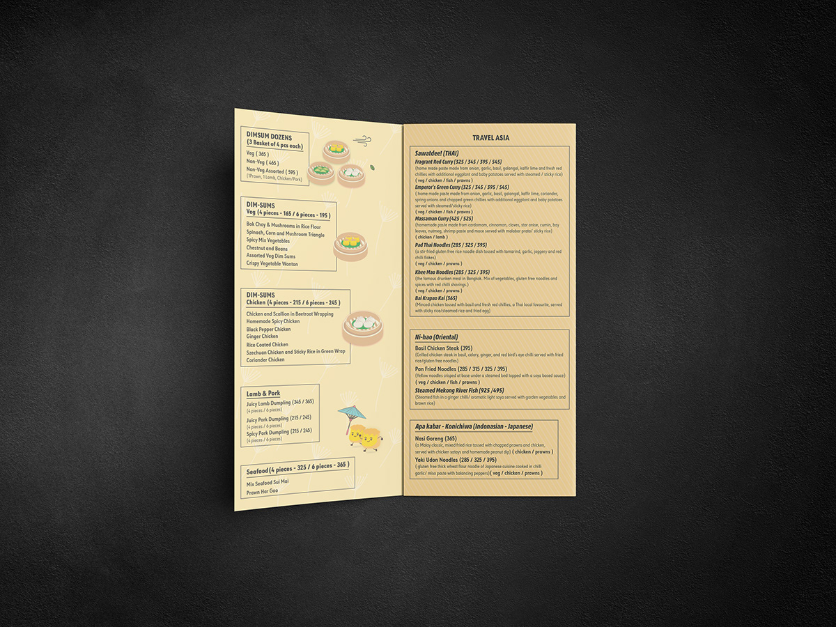 Food  Character print design  menu design tri fold menu Layout chopstick Asian Food New Delhi gurgaon