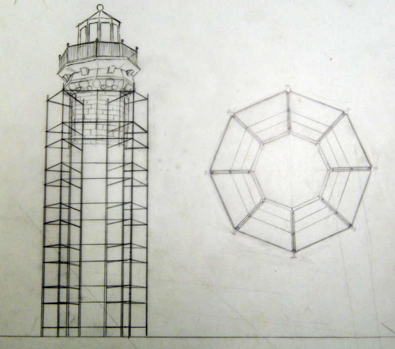 plans blueprints sketches drawings sculpture lighthouse beacon scaffolding Ocean sea